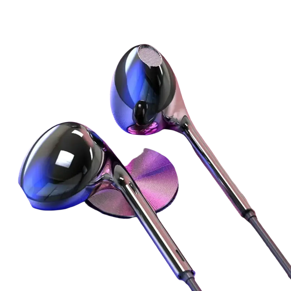 Shiny metallic wired earphones with iridescent blue and purple accents and bass stereo feature with mic