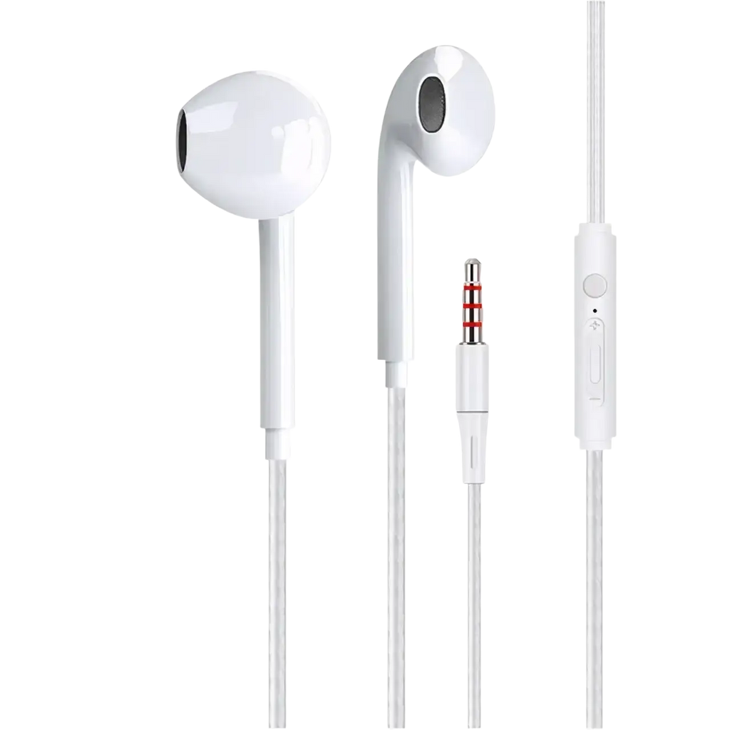White wired earphones with mic and bass stereo feature glossy finish and silver 3.5mm jack with inline controls