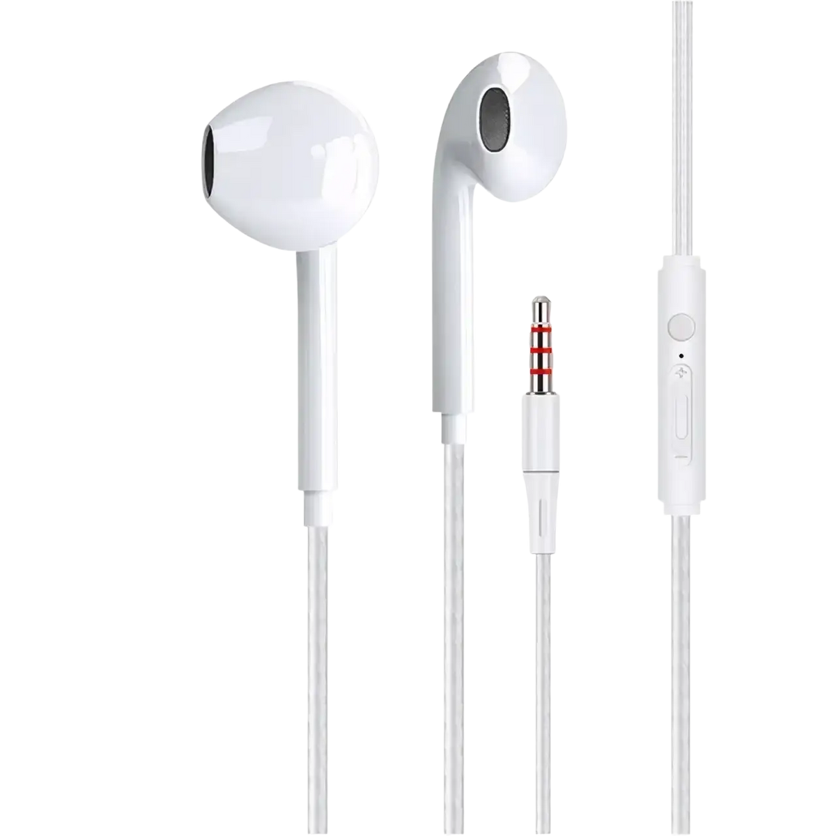 White wired earphones with mic and bass stereo feature glossy finish and silver 3.5mm jack with inline controls