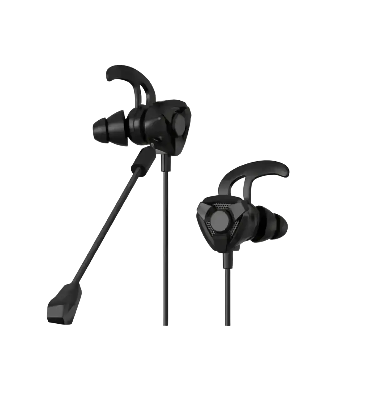 Black wired gaming earbuds with glossy finish and integrated microphone for mobile and console gaming use