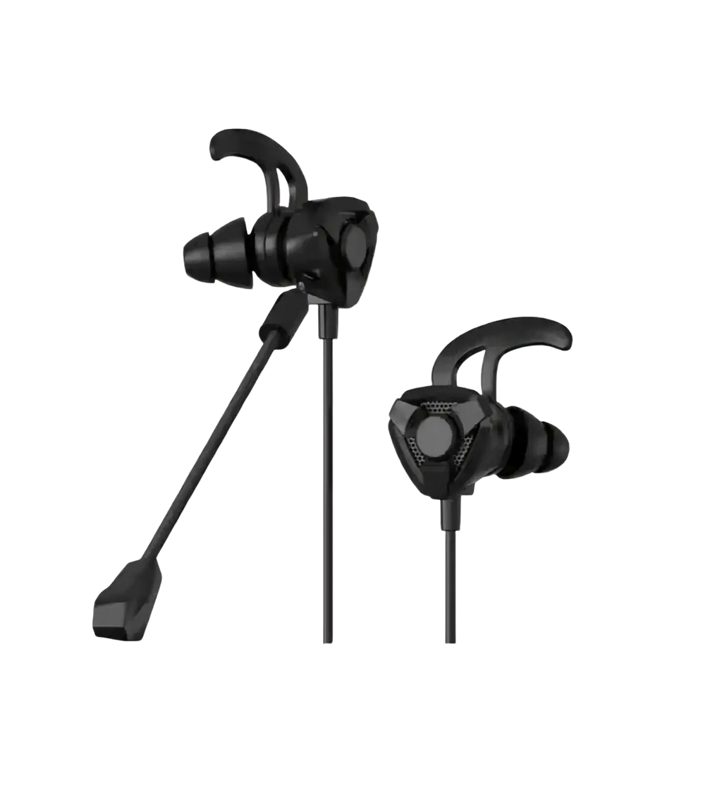 Black wired gaming earbuds with mic featuring ergonomic hooks and flexible cable for mobile and console use