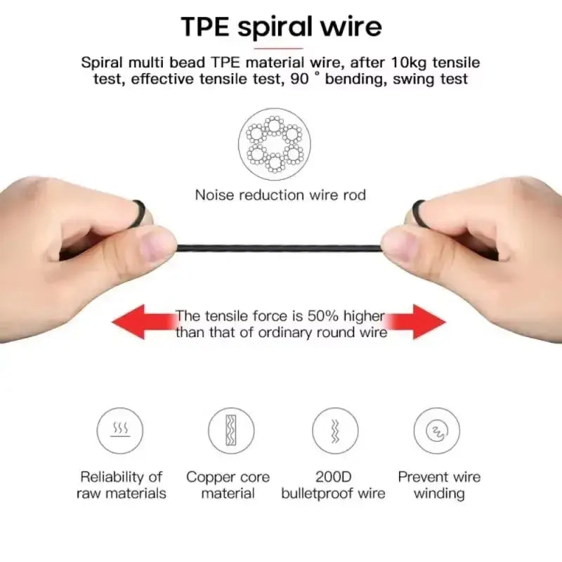 Black tpe spiral wire with multi-bead design and copper core for wired gaming earbuds with mic for mobile and console use