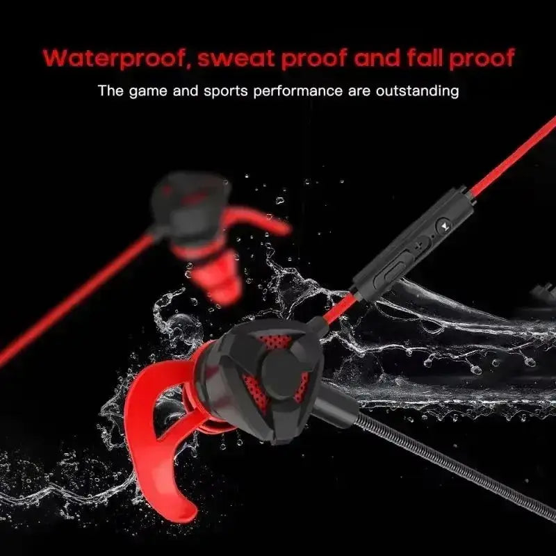 Red and black wired gaming earbuds with ergonomic hooks and mic for secure fit on mobile and console gaming