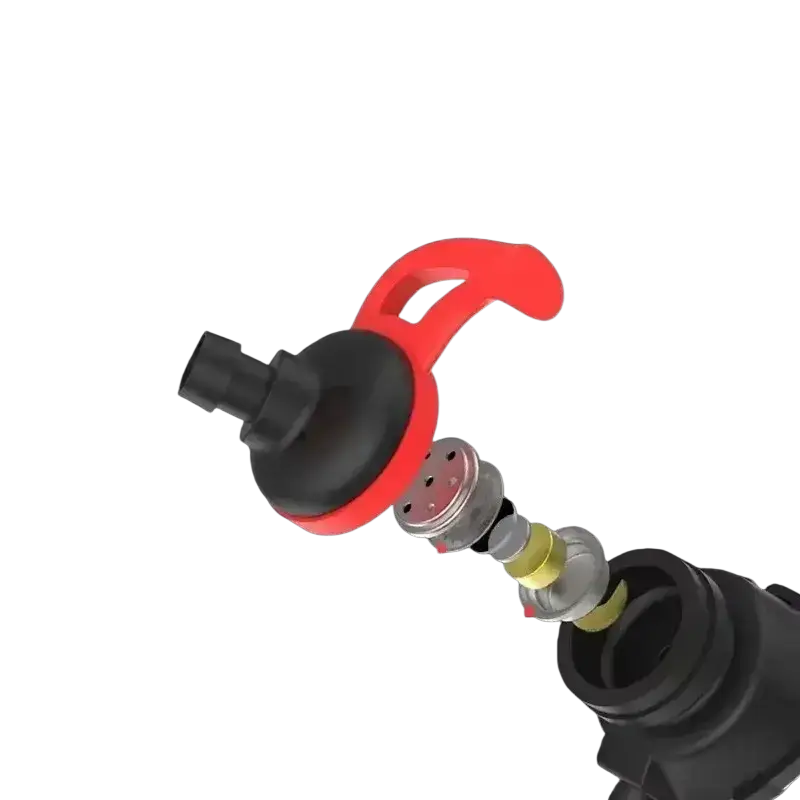 Exploded view of red and black composite diaphragm with 10mm moving coil in wired gaming earbuds with mic for mobile and console