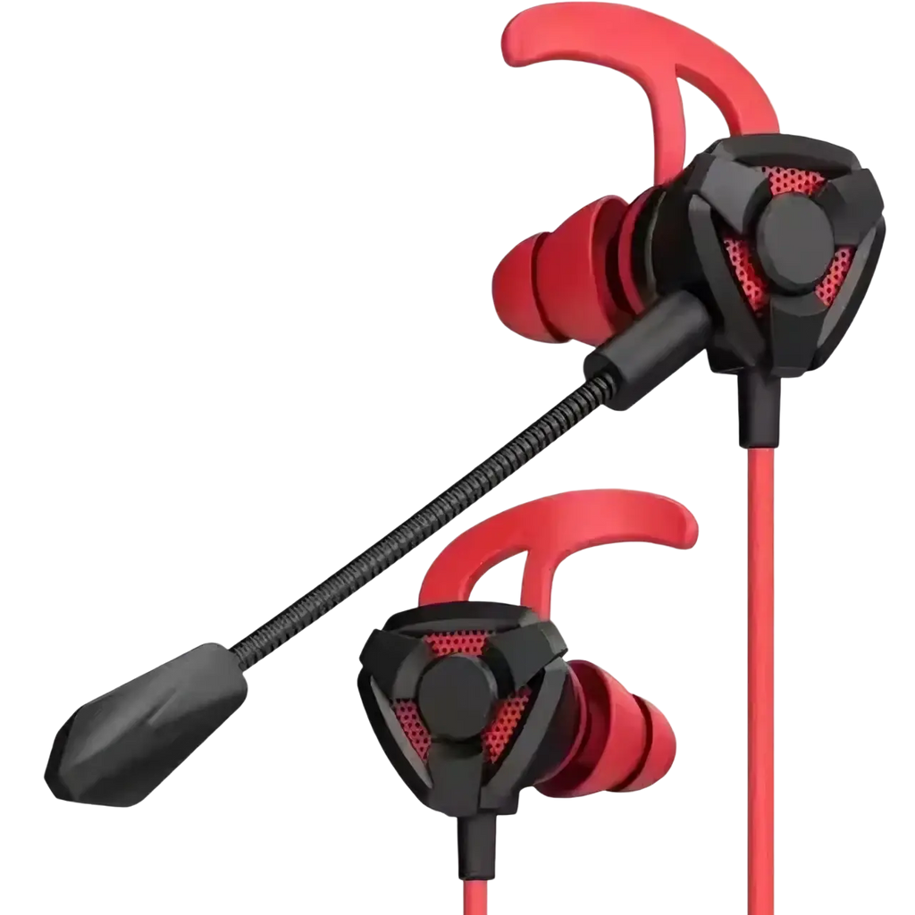 Red and black wired gaming earbuds with flexible microphone arm designed for mobile and console use
