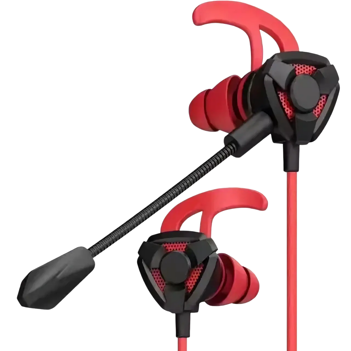 Red and black wired gaming earbuds with flexible microphone arm designed for mobile and console use