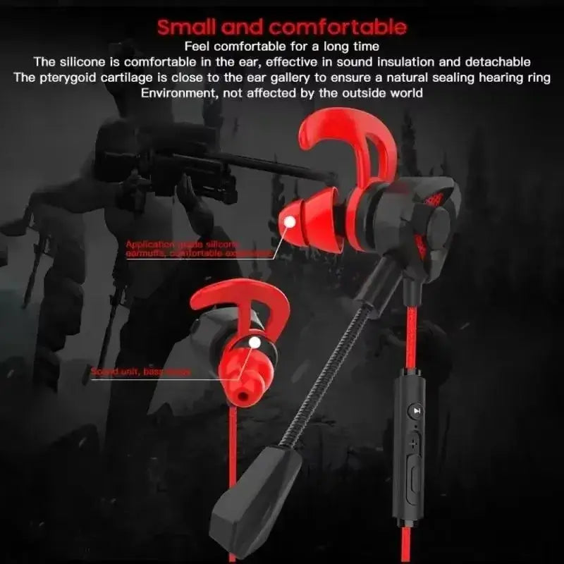 Red and black silicone wired gaming earbuds with detachable cable and inline mic control for mobile and console use
