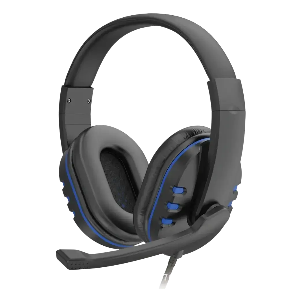 Black wired gaming headset with blue trim and detachable microphone featuring a 3.5mm plug type connection