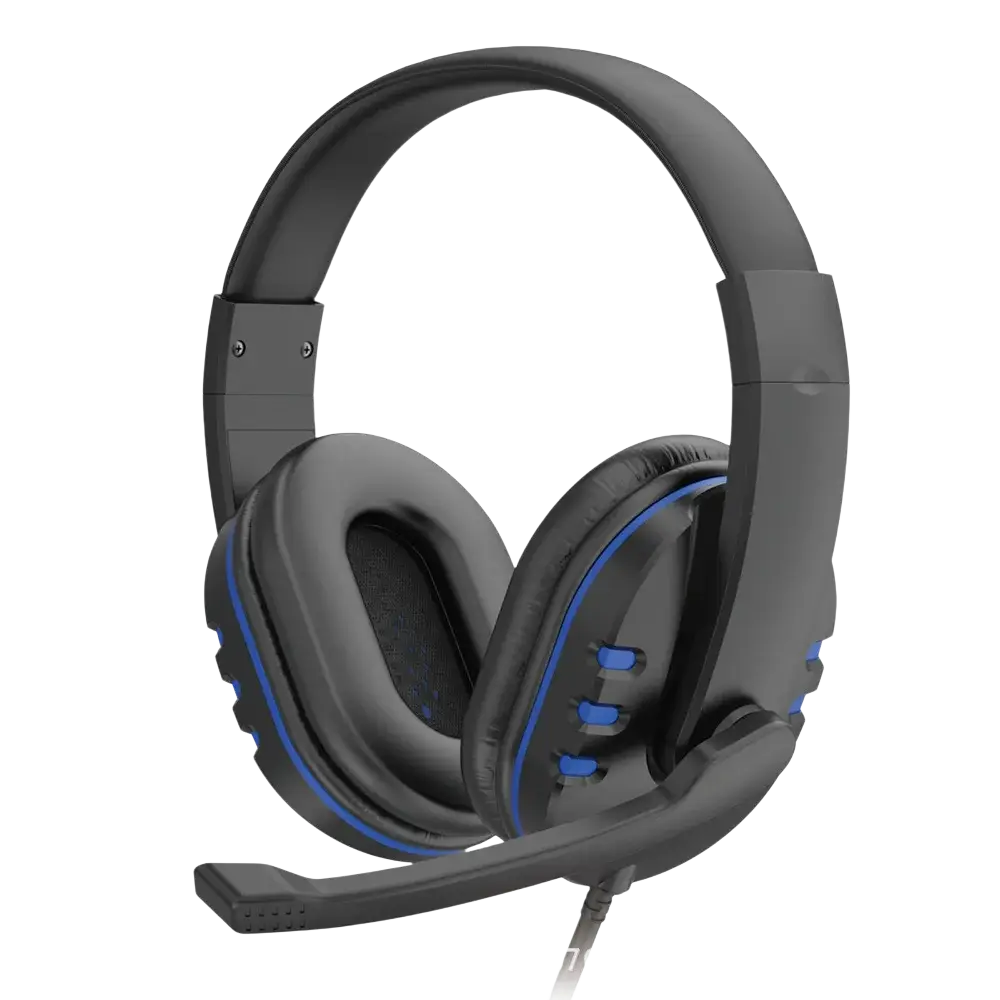 Black wired gaming headset with blue trim and detachable microphone featuring a 3.5mm plug type connection