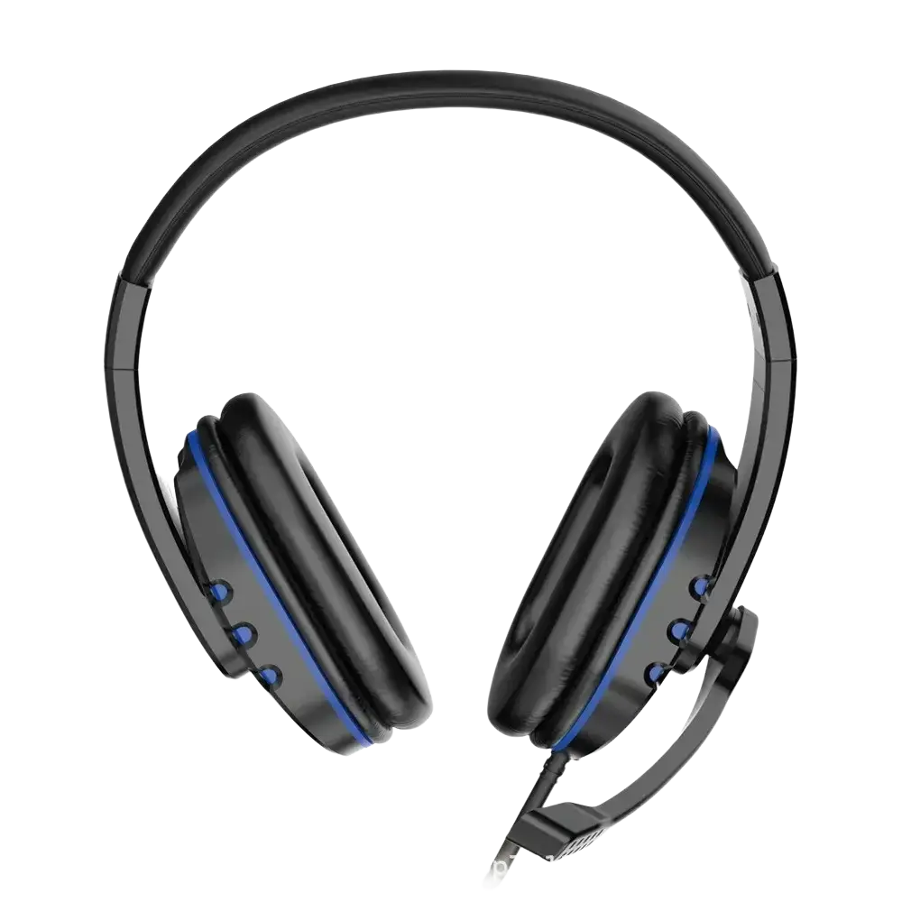 Black wired gaming headset with blue trim and detachable microphone featuring a 3.5mm plug type connection