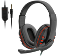 Black and red wired gaming headset with padded earcups and flexible microphone boom featuring 3.5mm plug type