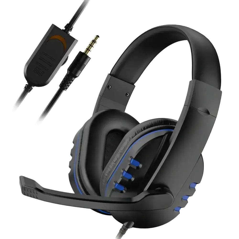 Black wired gaming headset with blue accent lighting, detachable microphone, adjustable headband, and padded earcups for ps4 and pc