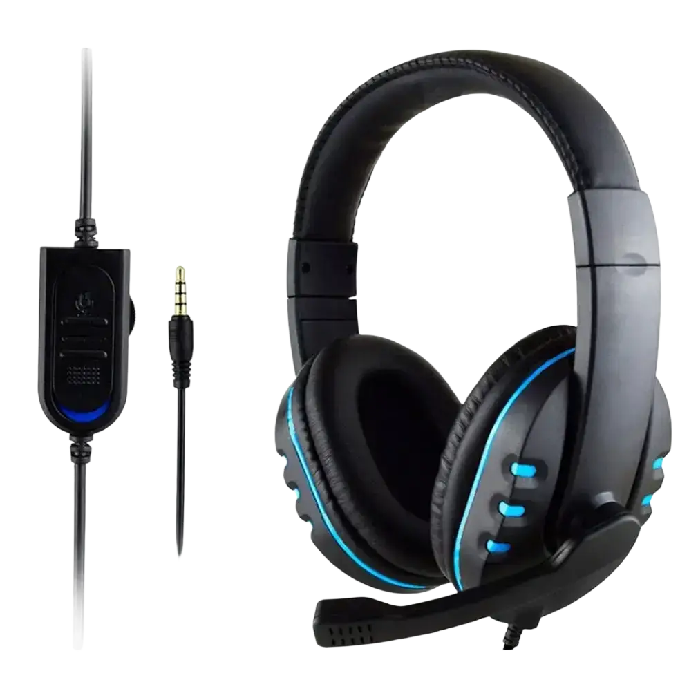 Black wired gaming headset with blue led lighting, padded earcups, and detachable microphone for ps4 and pc use