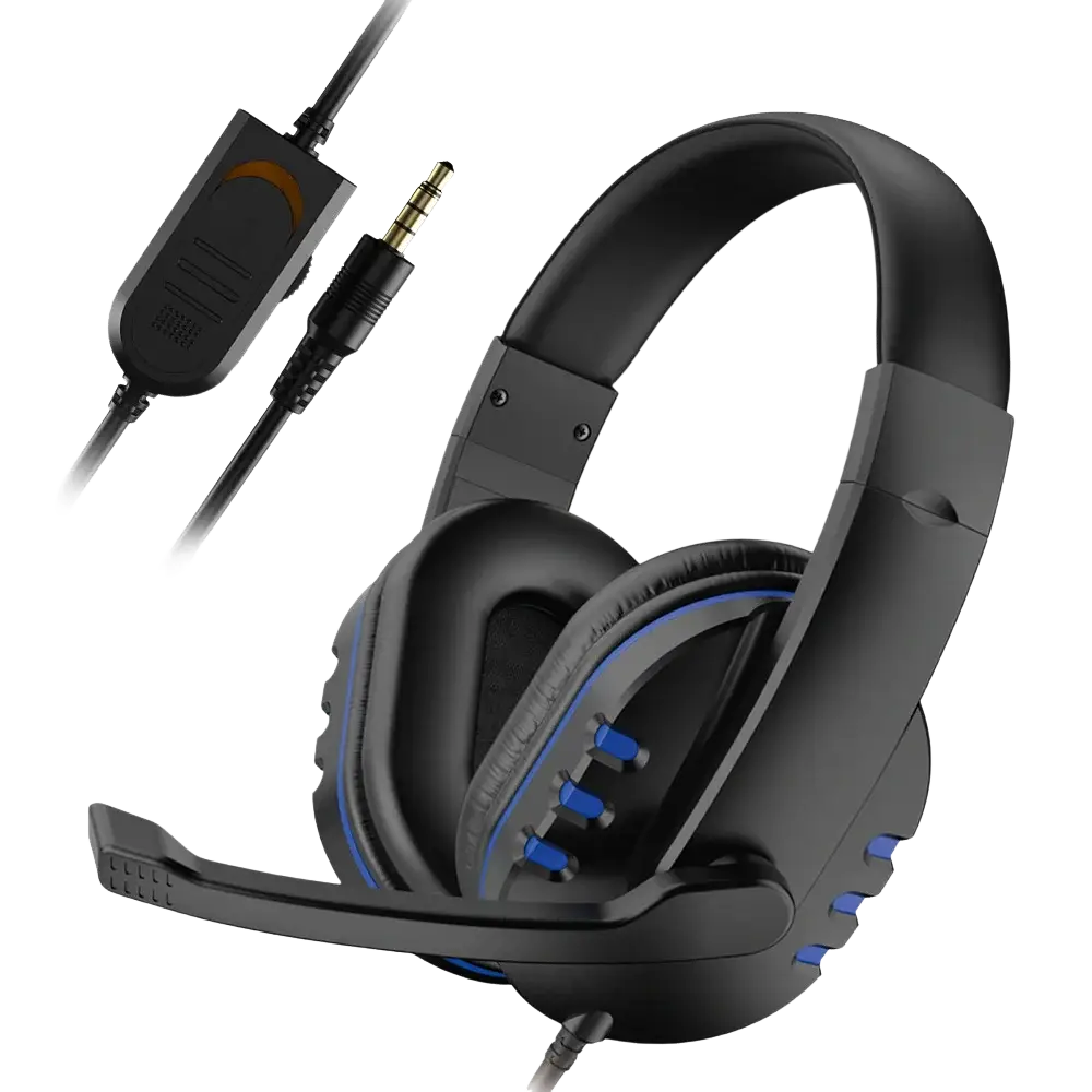 Black wired gaming headset with blue accent lighting, detachable microphone, and 3.5mm plug type for ps4 and pc