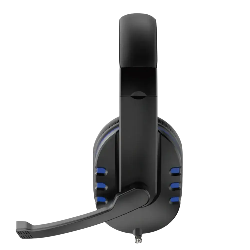 Black wired gaming headset with blue accent lighting and flexible microphone arm compatible with ps4 and pc