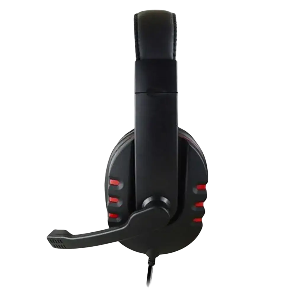 Black over-ear wired gaming headset with red accents and flexible microphone arm with 3.5mm plug type for ps4 pc