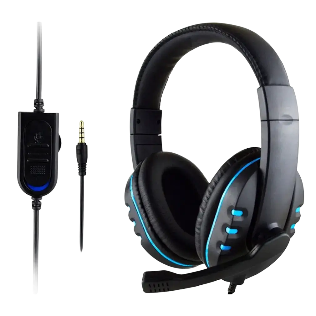 Black over-ear wired gaming headset with blue led lighting and detachable microphone 3.5mm plug type for ps4 pc