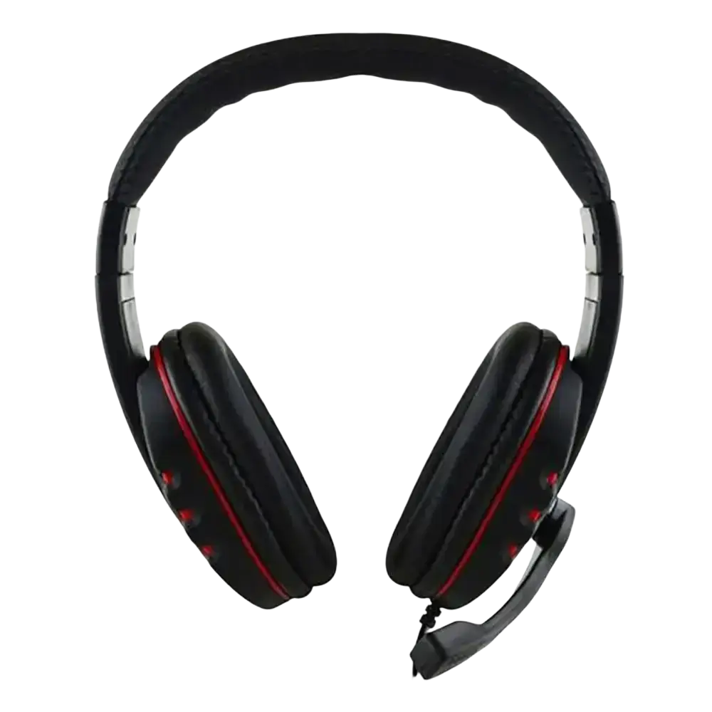 Black wired gaming headset with red accent stitching and detachable microphone featuring 3.5mm plug type for ps4 pc