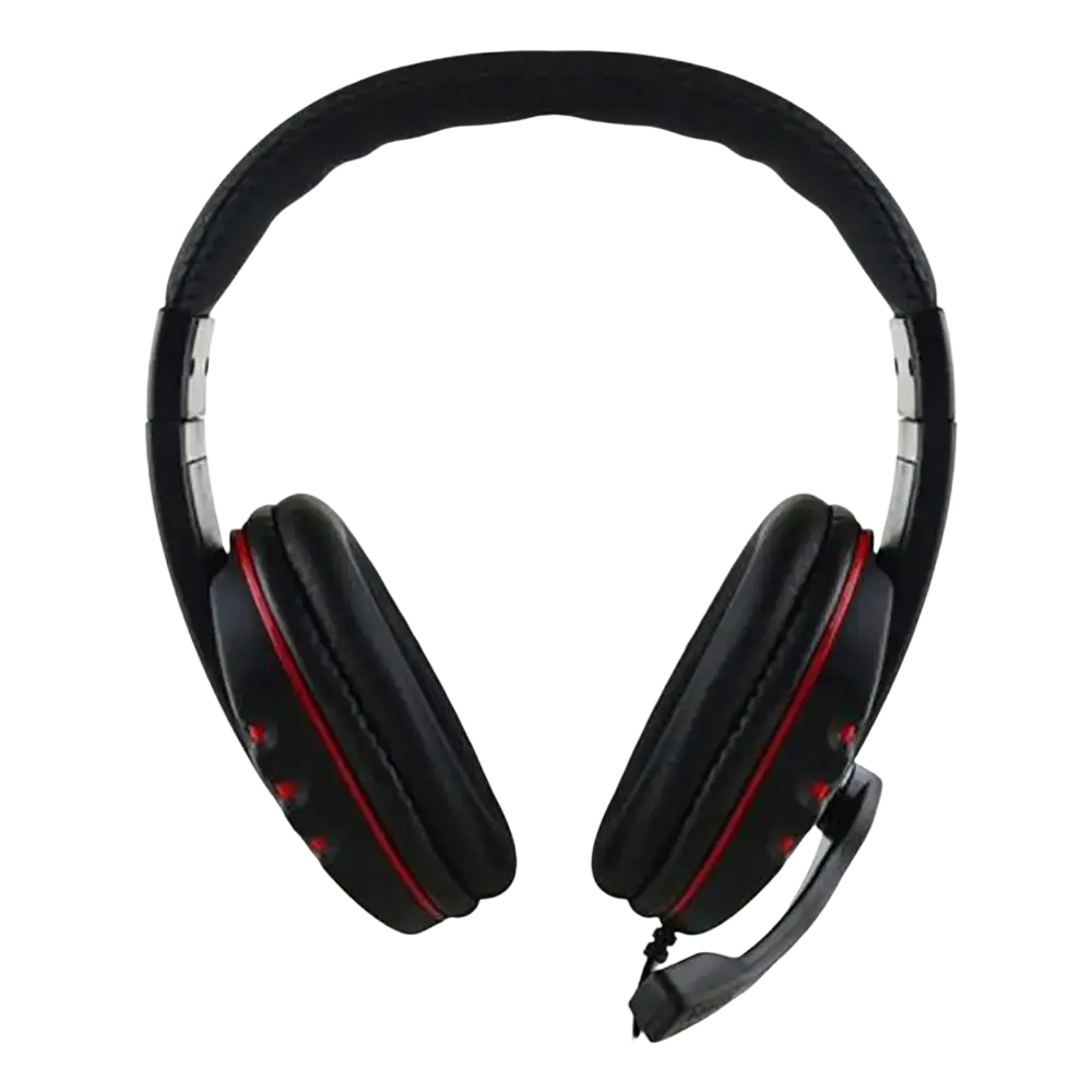 Black over-ear wired gaming headset with red accent stitching and detachable microphone with 3.5mm plug type for ps4 pc