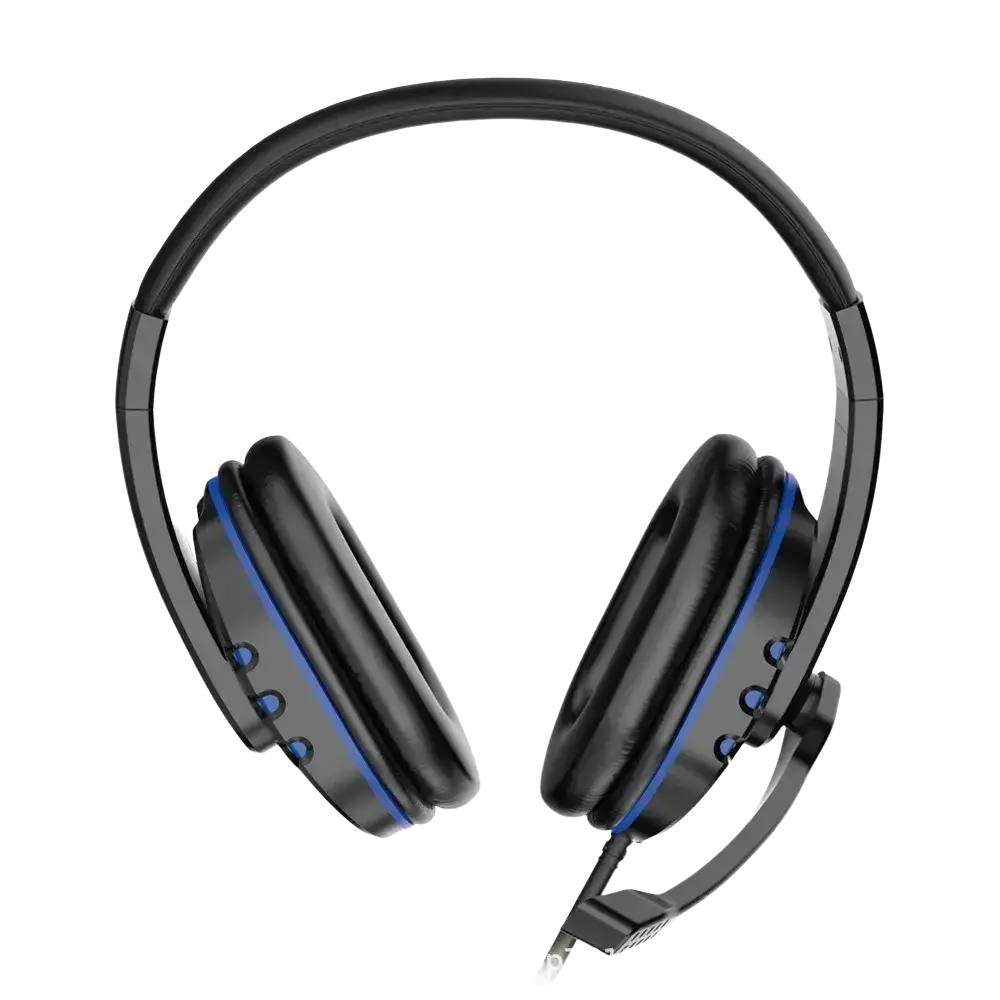 Black wired gaming headset with blue accent stripes and control buttons on earcups for ps4 and pc use
