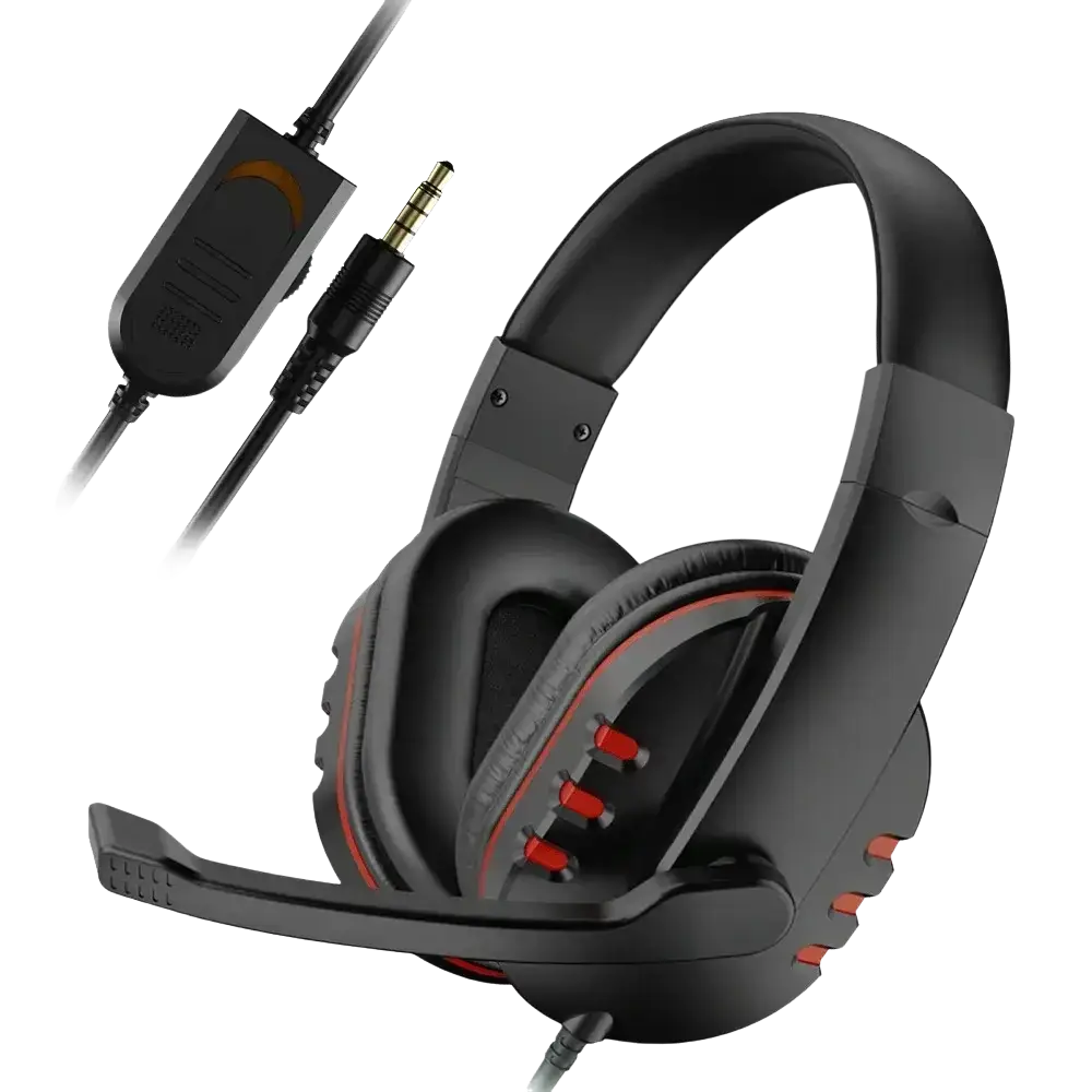 Black and red wired gaming headset with padded earcups detachable microphone and adjustable headband for ps4 and pc