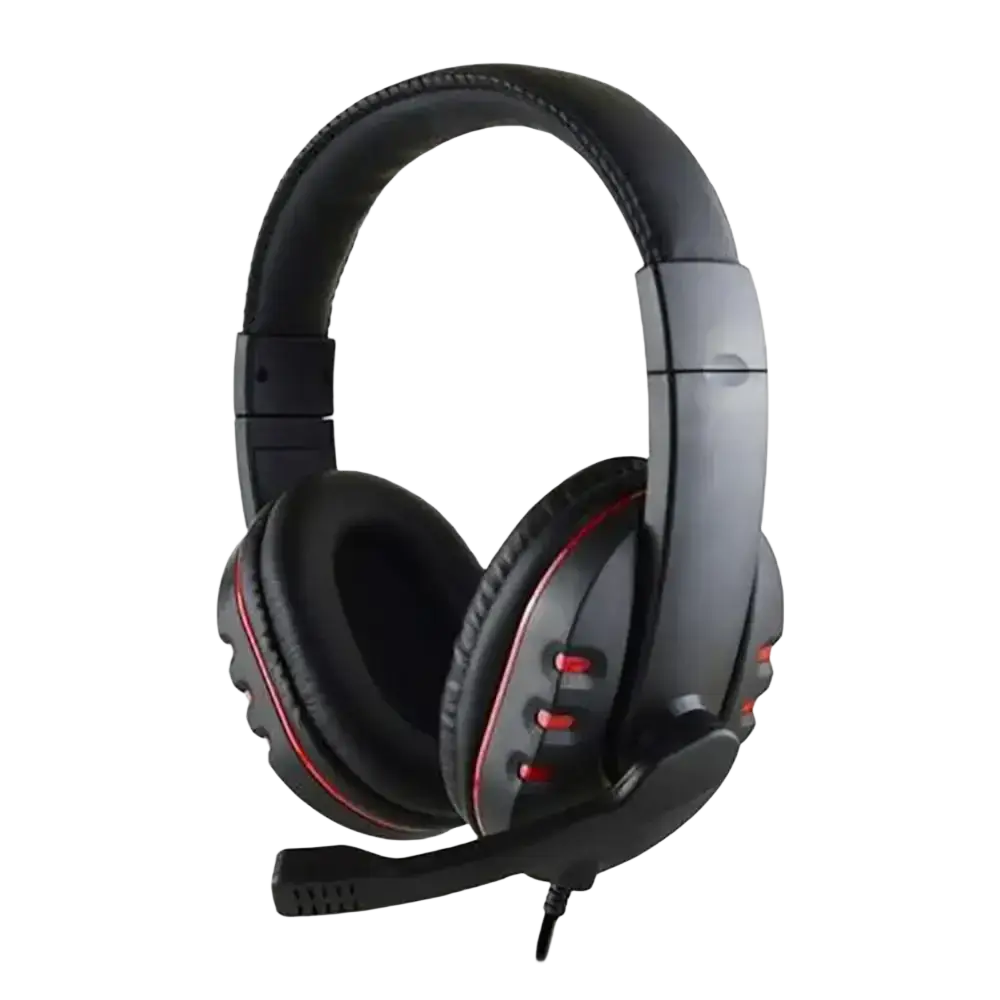 Black and red wired gaming headset with padded earcups and flexible microphone featuring 3.5mm plug type for PS4 PC