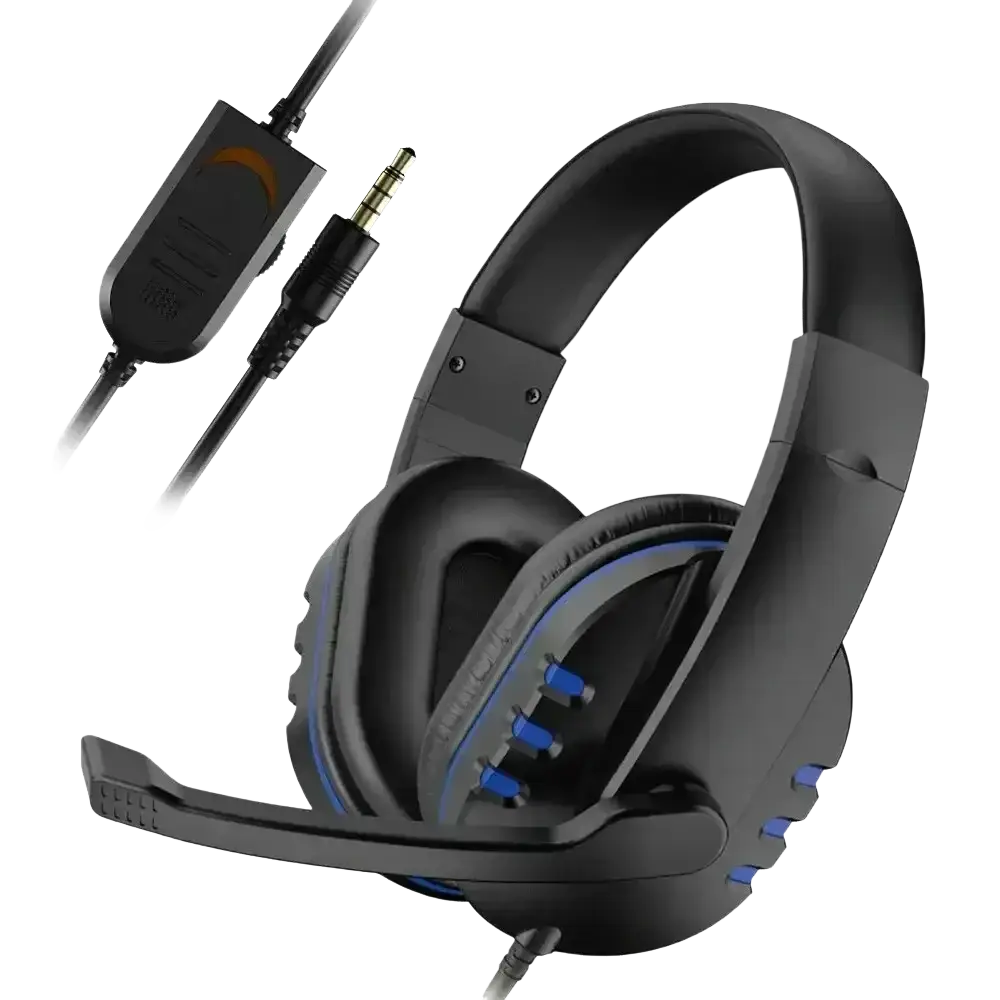 Black wired gaming headset with blue accent lighting and detachable microphone with attached audio cable for ps4 and pc
