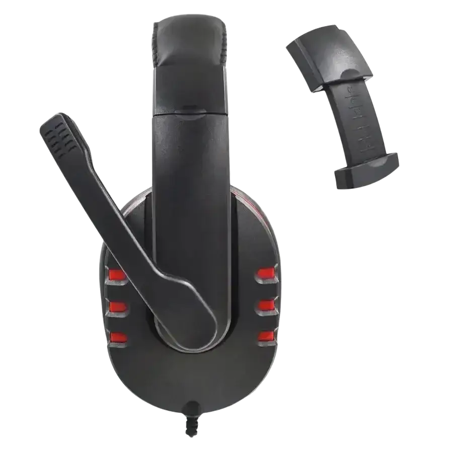 Black wired gaming headset with red accents and detachable microphone for PS4 and PC gaming use