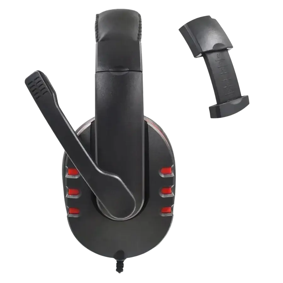 Black wired gaming headset with red accent lighting and flexible microphone arm for PS4 and PC use