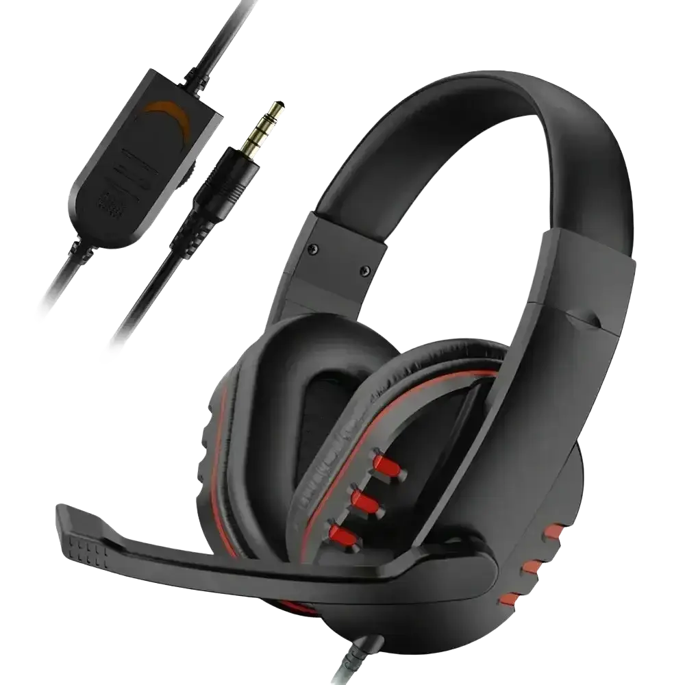 Black wired gaming headset with red accents and detachable microphone for PS4 and PC gaming use