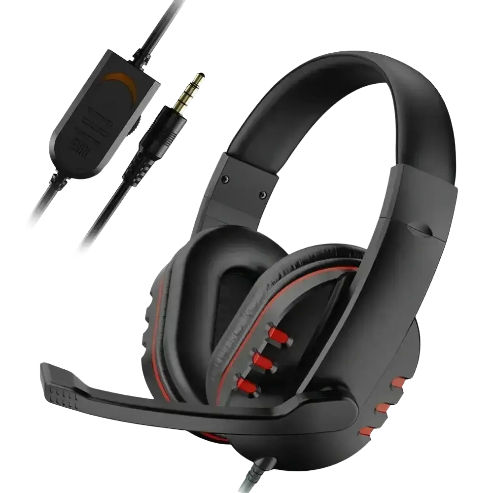 Black wired gaming headset with red accents and detachable microphone for ps4 and pc gaming headset use