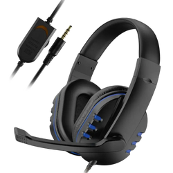 Black wired gaming headset with blue accent lighting and detachable microphone for pc and ps4 use
