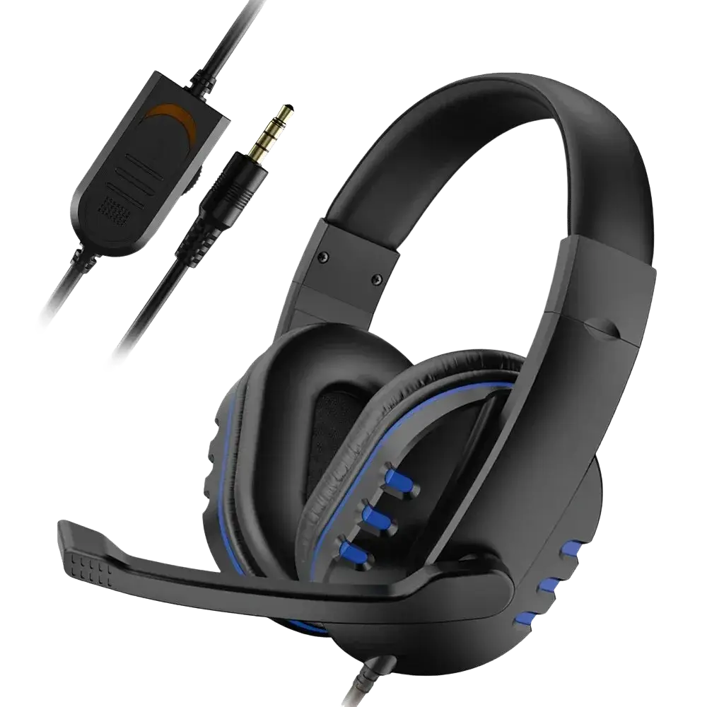 Black wired gaming headset with blue accent lighting and detachable microphone for pc and ps4 use