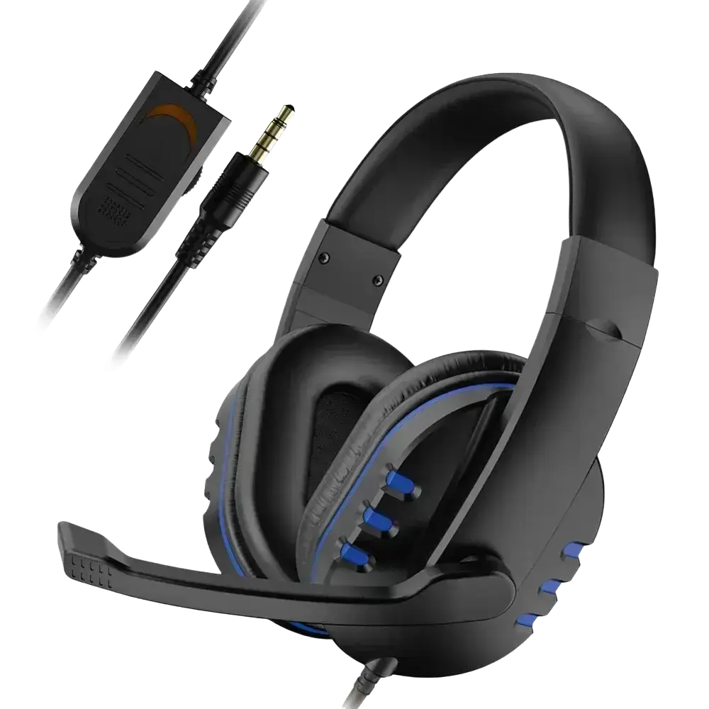 Black wired gaming headset with blue accent lighting and detachable microphone for PC and PS4 use