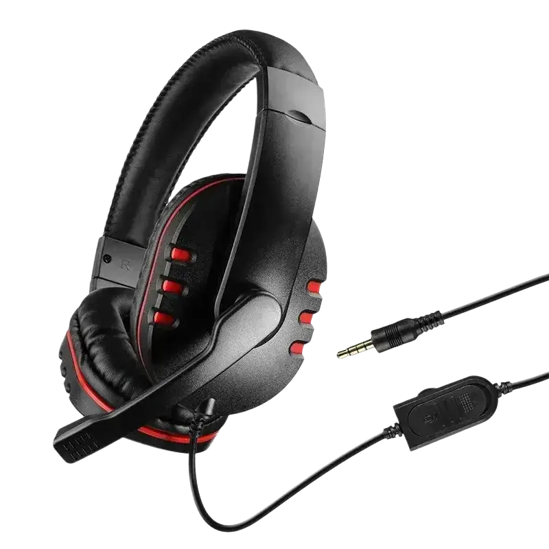 Black and red wired gaming headset with padded earcups and flexible microphone for pc and ps4 gaming use