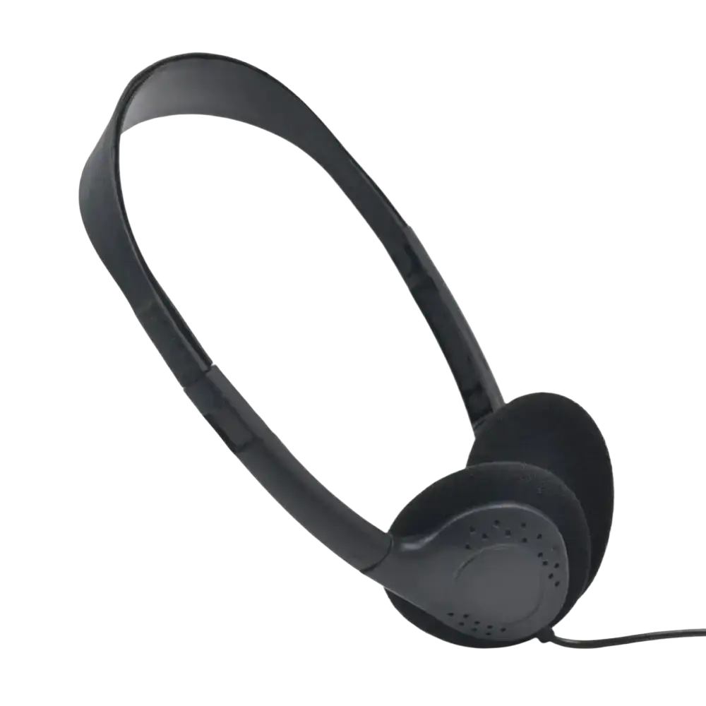 Black wired gaming headset with noise reduction, soft earcups, sleek design, and 3.5mm plug type for comfort