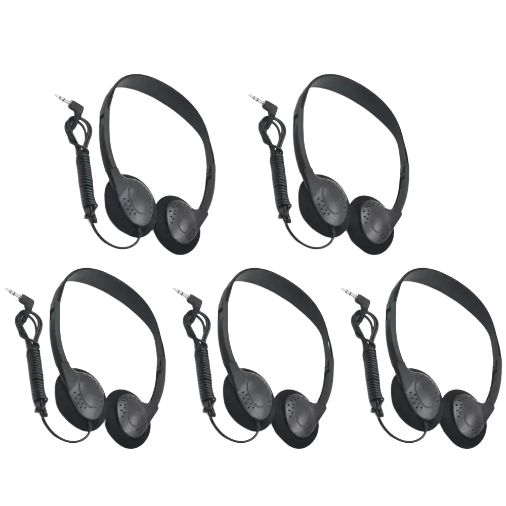Black wired gaming headset with noise reduction features and coiled cable with 3.5mm plug type for gaming use