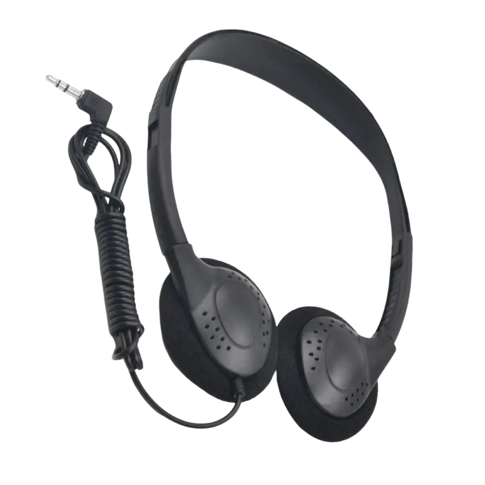 Black wired gaming headset with padded earcups, noise reduction, coiled cable, and 3.5mm plug type for audio