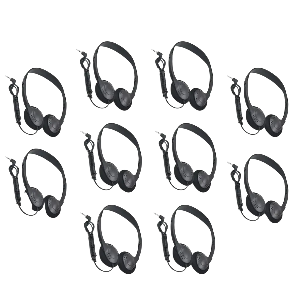 Black wired gaming headset with noise reduction feature and coiled 3.5mm plug type cable for classroom use