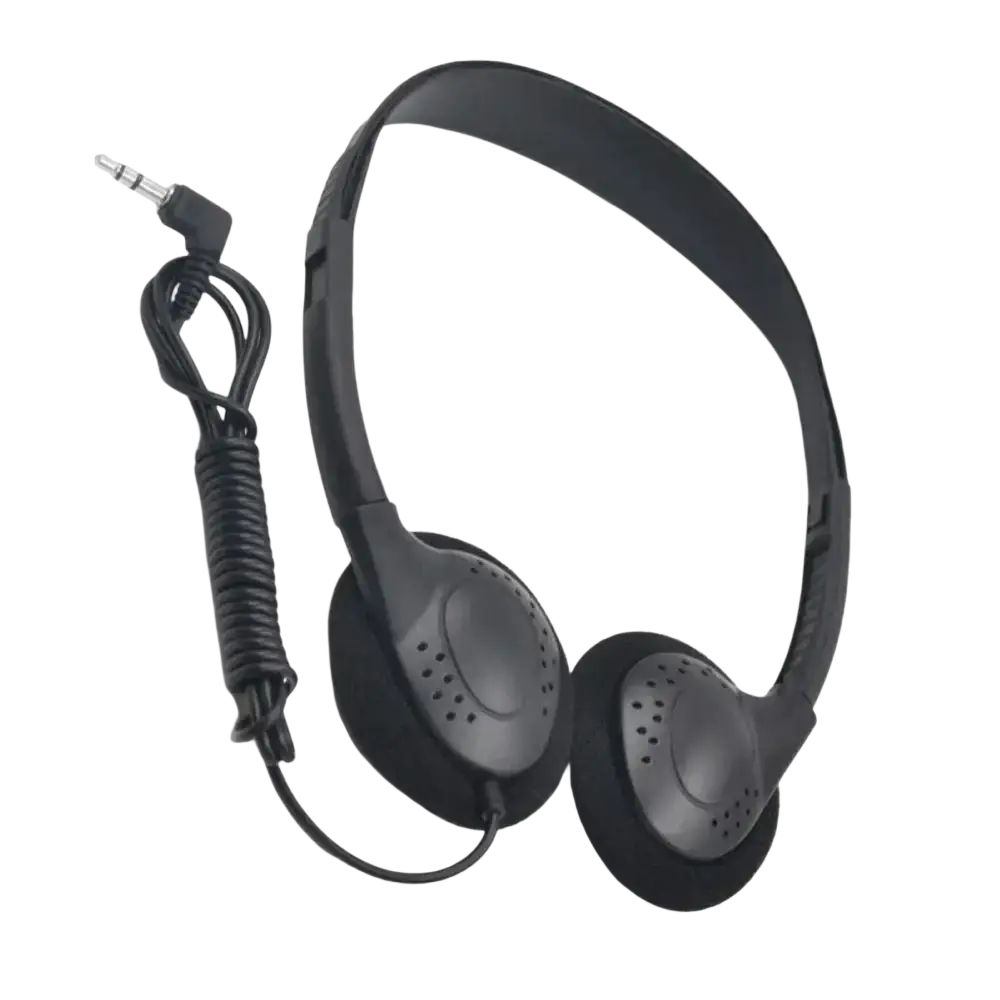 Black wired gaming headset with noise reduction, padded earcups, coiled cable, and 3.5mm plug type for comfort