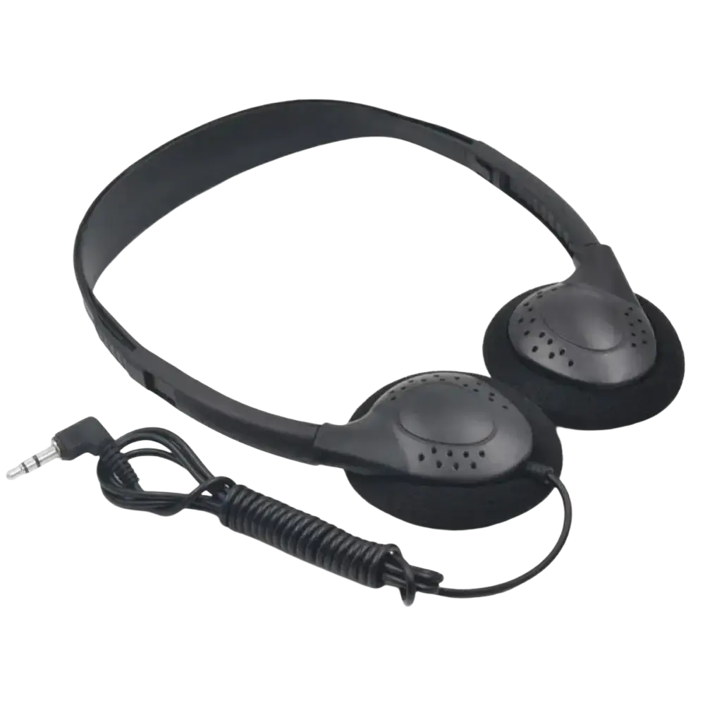 Black wired gaming headset with noise reduction, perforated earcups, coiled cable, and 3.5mm plug type audio jack