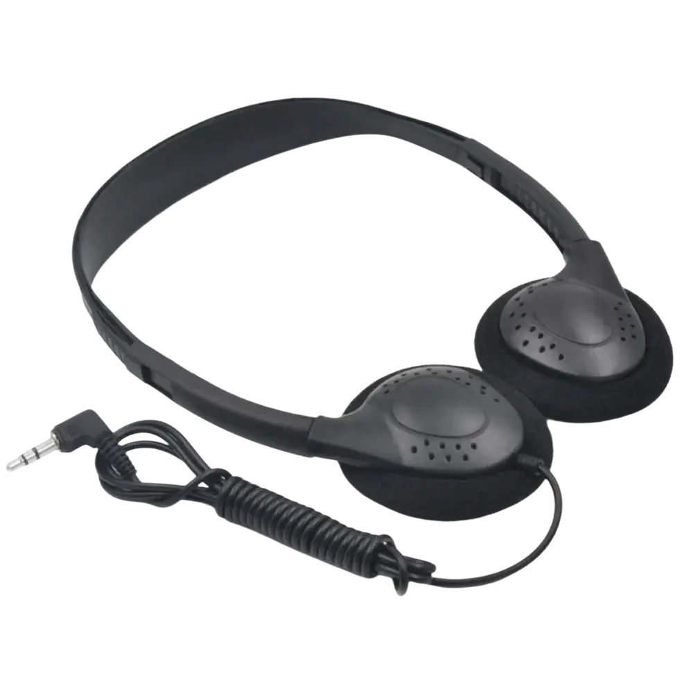 Black wired gaming headset with padded earcups noise reduction and 3.5mm plug type with coiled cable
