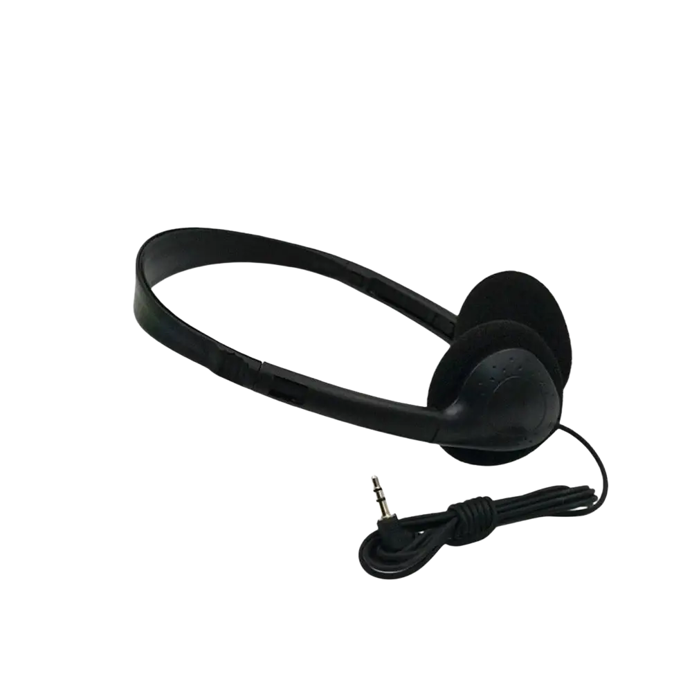 Black wired gaming headset with padded earcups, noise reduction, and coiled 3.5mm plug type audio cable