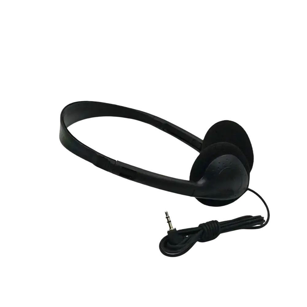 Black wired gaming headset with noise reduction, padded earcups, coiled cable, and 3.5mm plug type