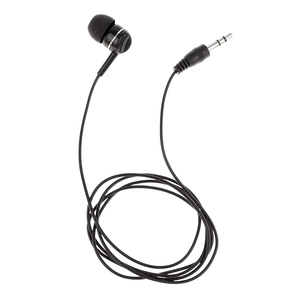 Black in-ear wired headphones with coiled cable and 35mm audio jack for mp3 and mp4 devices