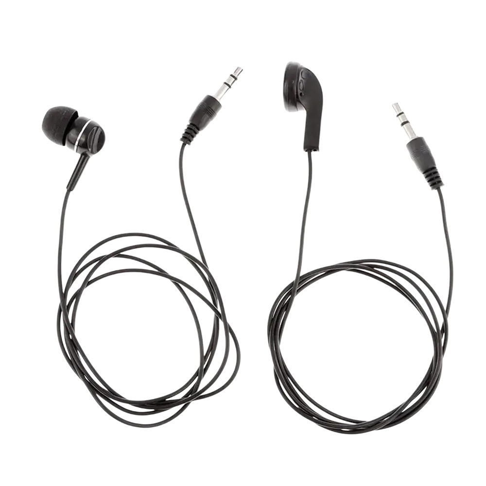 Black wired headphones with coiled cables and soft silicone ear tips for comfort compatible with mp3 mp4 devices
