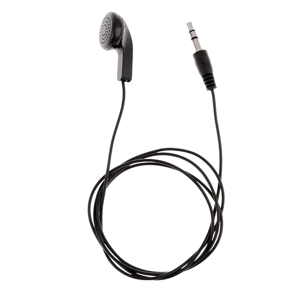 Black wired headphones with 3.5mm jack and perforated speaker grille for mp3 mp4 devices and stereo sound