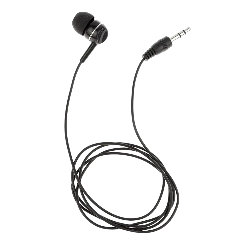 Black wired headphones with in-ear design and coiled cable compatible with mp3 mp4 devices and standard 3.5mm jack