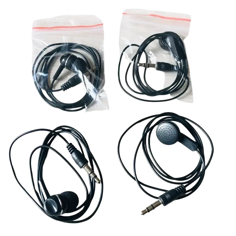 Black wired headphones with 3.5mm jack and molded plastic housings in clear bags for mp3 mp4 devices