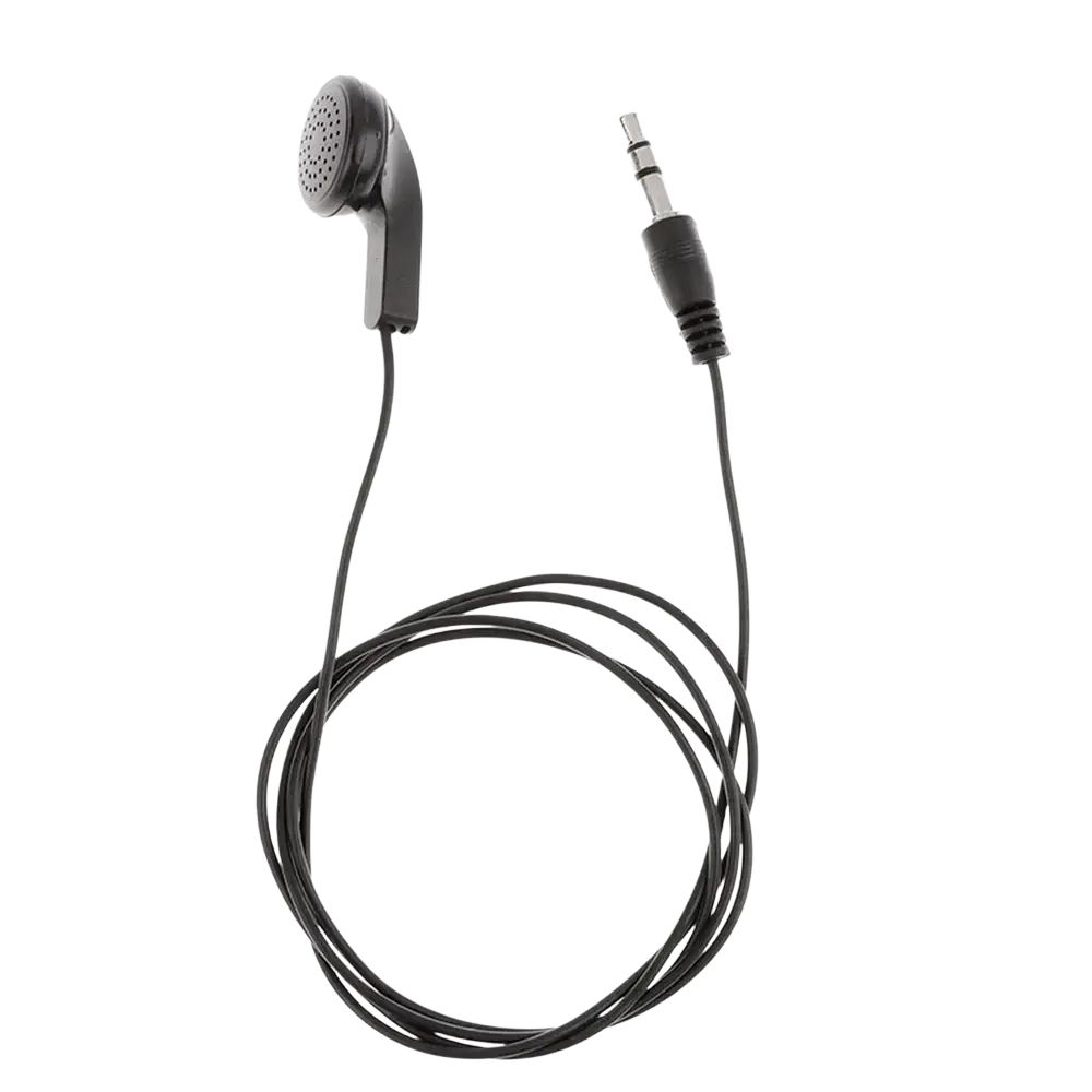 Black wired headphones with perforated speaker grille and 3.5mm jack for mp3 mp4 devices and audio players